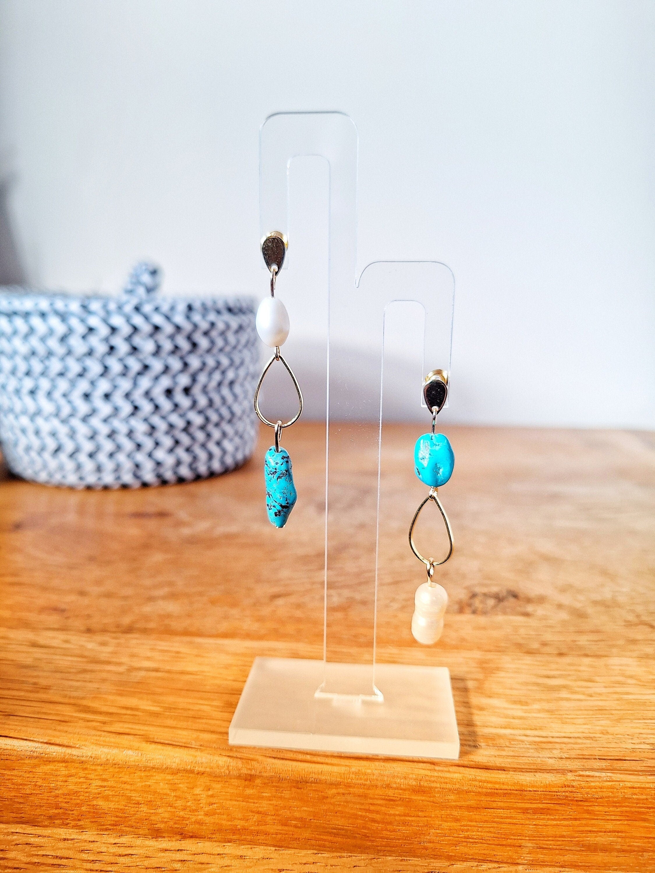 Lulu Pearl and Turquoise Drop Earrings on display with gold-plated studs, featuring repurposed freshwater pearls and genuine turquoise nuggets.