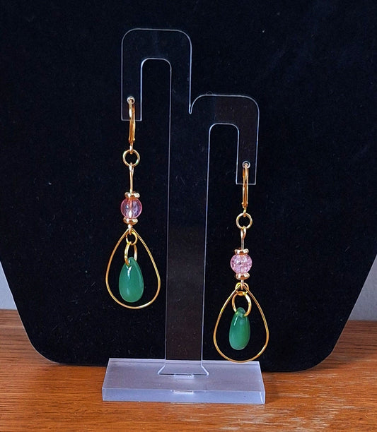 Peony Teardrop Earrings with green and pink glass beads on gold-plated lever back wires.