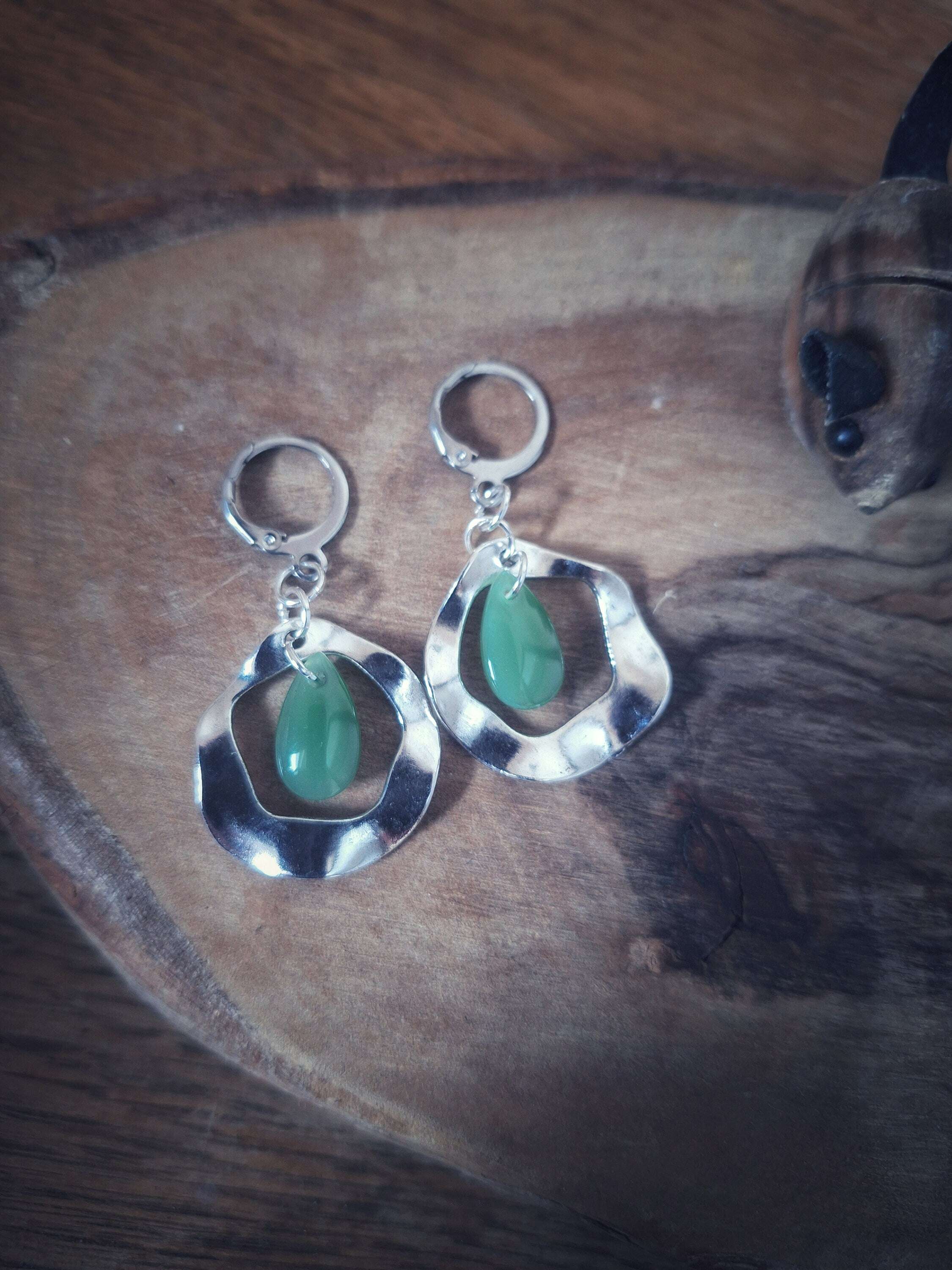 Jade Green Earrings with teardrop beads on stainless steel hoops.