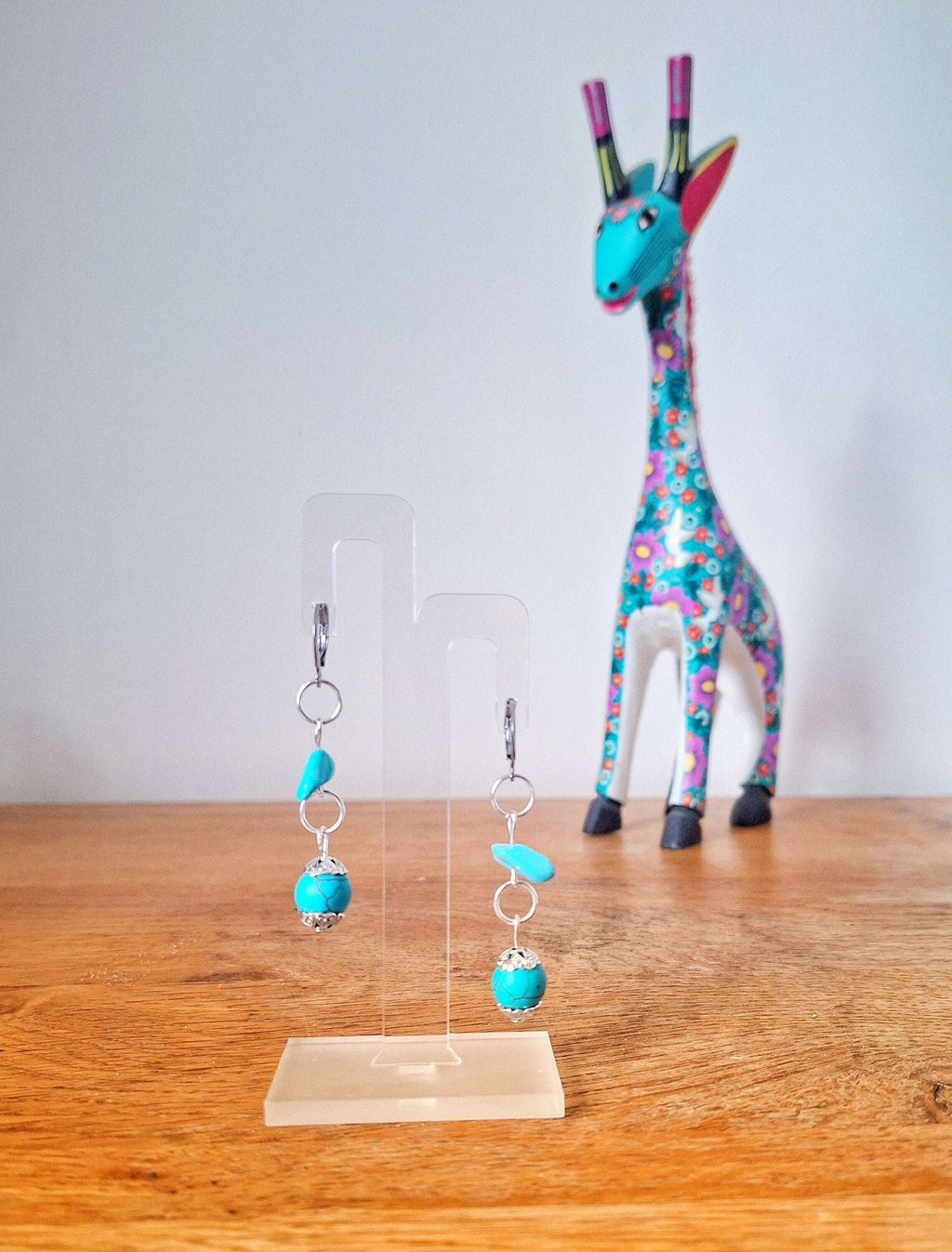 Francesca Turquoise Earrings with genuine turquoise chips and stone beads on stainless steel hoops.
