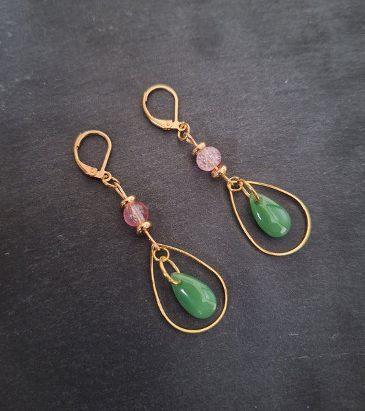 Peony Teardrop Earrings with green and pink glass beads on gold-plated lever back wires.