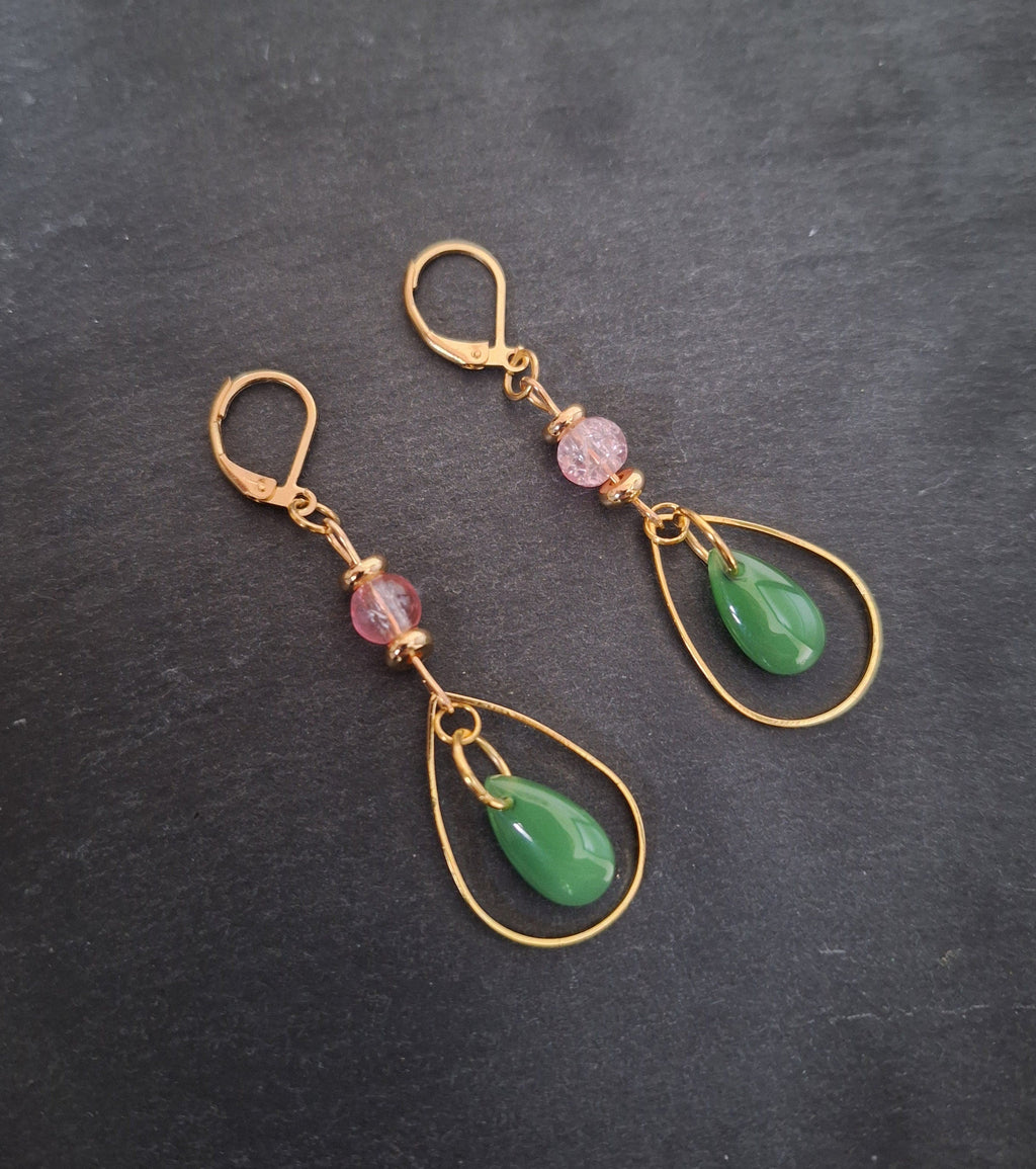 Peony Teardrop Earrings with green and pink glass beads on gold-plated lever back wires.